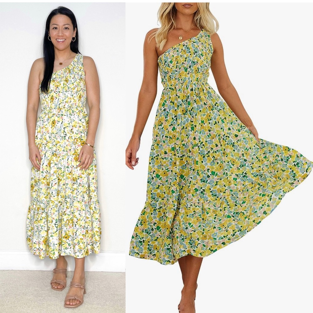 ANRABESS Bohemian One Shoulder Sleeveless Smocked Beach Maxi Sun Dress